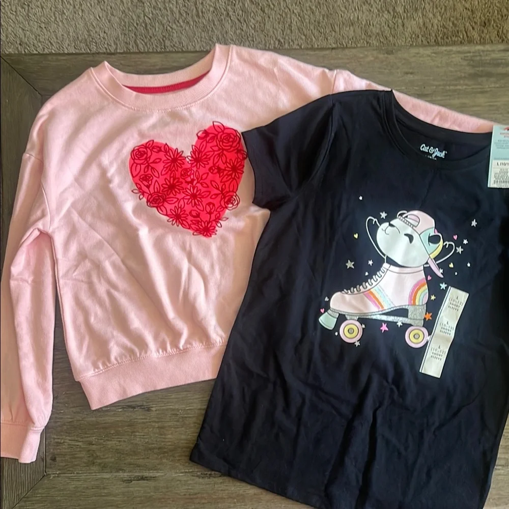 Cat & Jack Pink Sweatshirt and NWT Black Graphic Tee Set - Girls - Picture 1 of 7